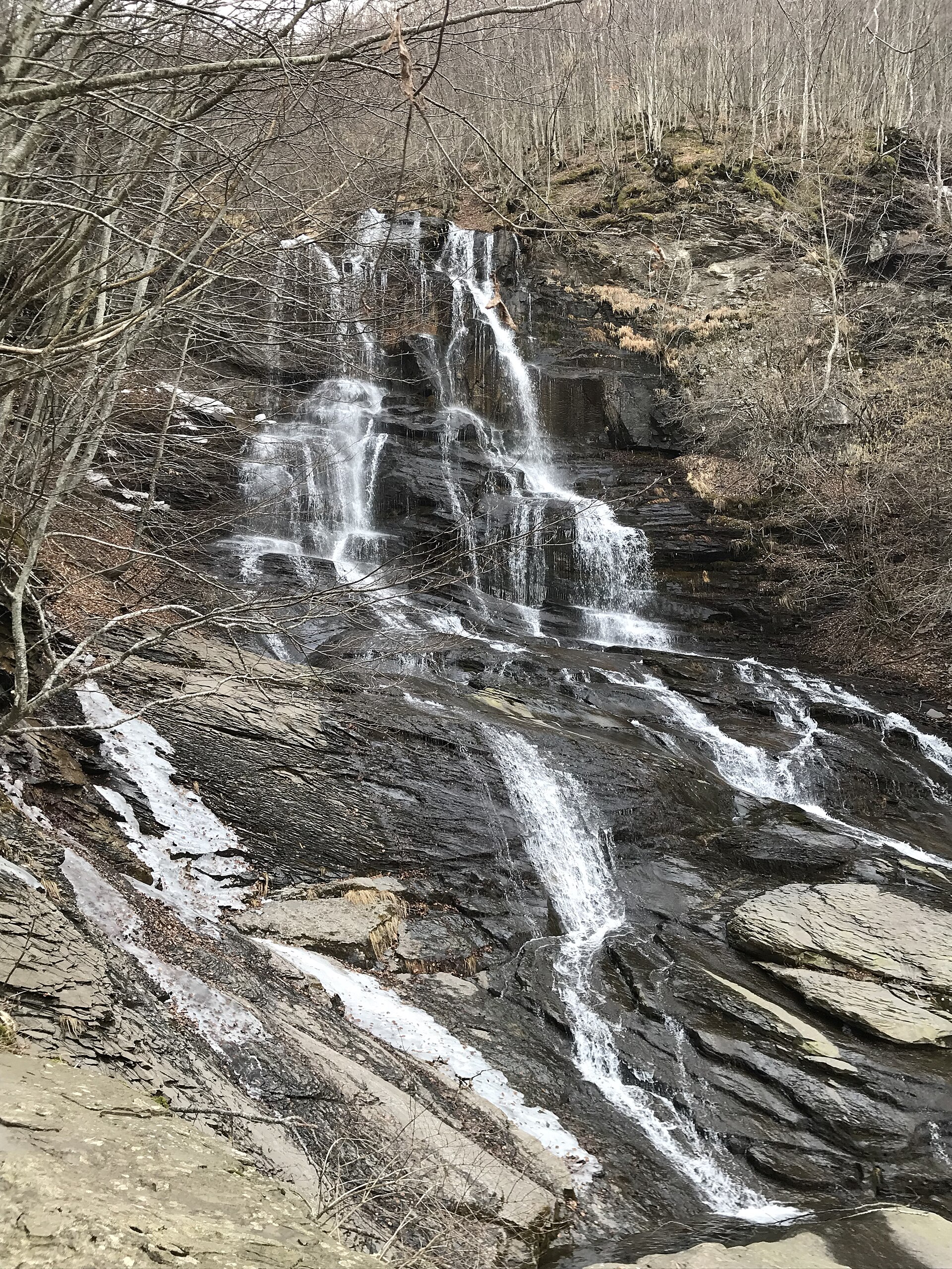 Le Cascate del Doccione scendono a più rivoli su lastre di roccia scura, tra faggi spogli